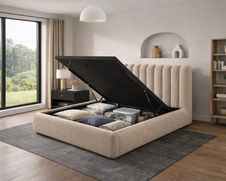 LORENZO - Base de lit avec rangement en tissu beige