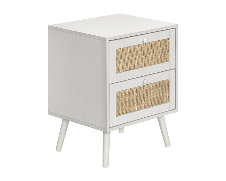 SANDRA - Table de chevet 2 tiroirs rotin blanc