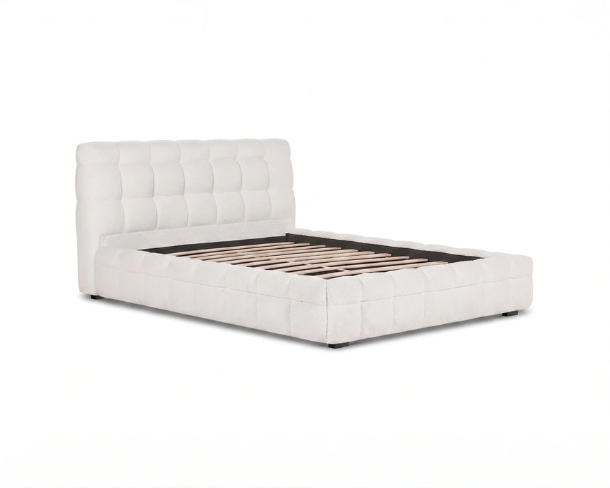 LARKA - Base de lit rembourrée tissu bouclé blanc
