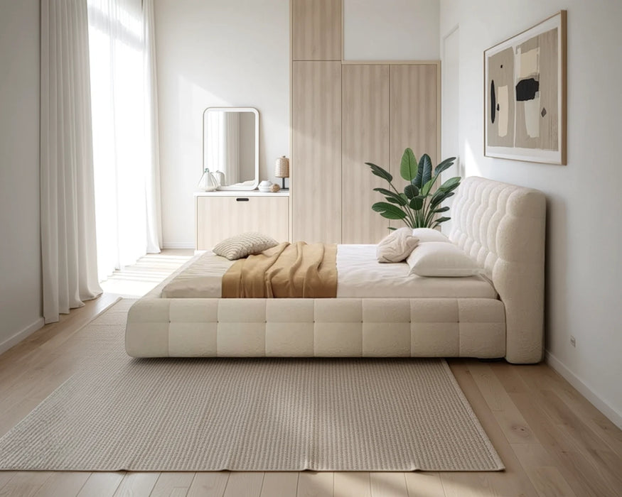 LARKA - Base de lit tissu bouclé blanc