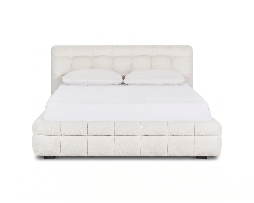 LARKA - Base de lit rembourrée tissu bouclé blanc