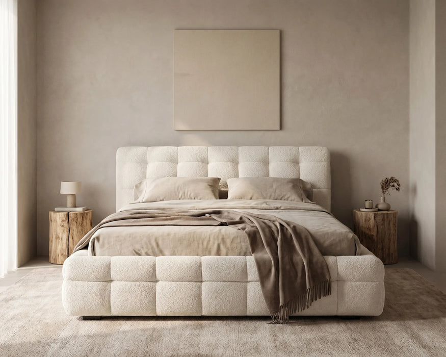 LARKA - Base de lit rembourrée tissu bouclé blanc
