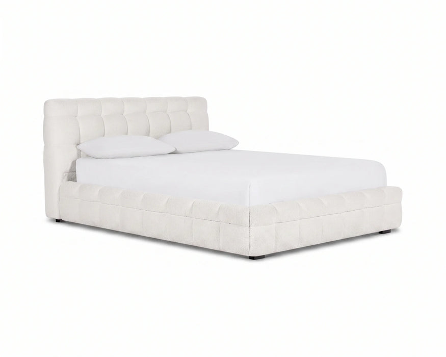 LARKA - Base de lit rembourrée tissu bouclé blanc