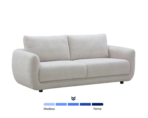 Sofa 3 places DAMIEN en tissu gris pâle, vue en angle