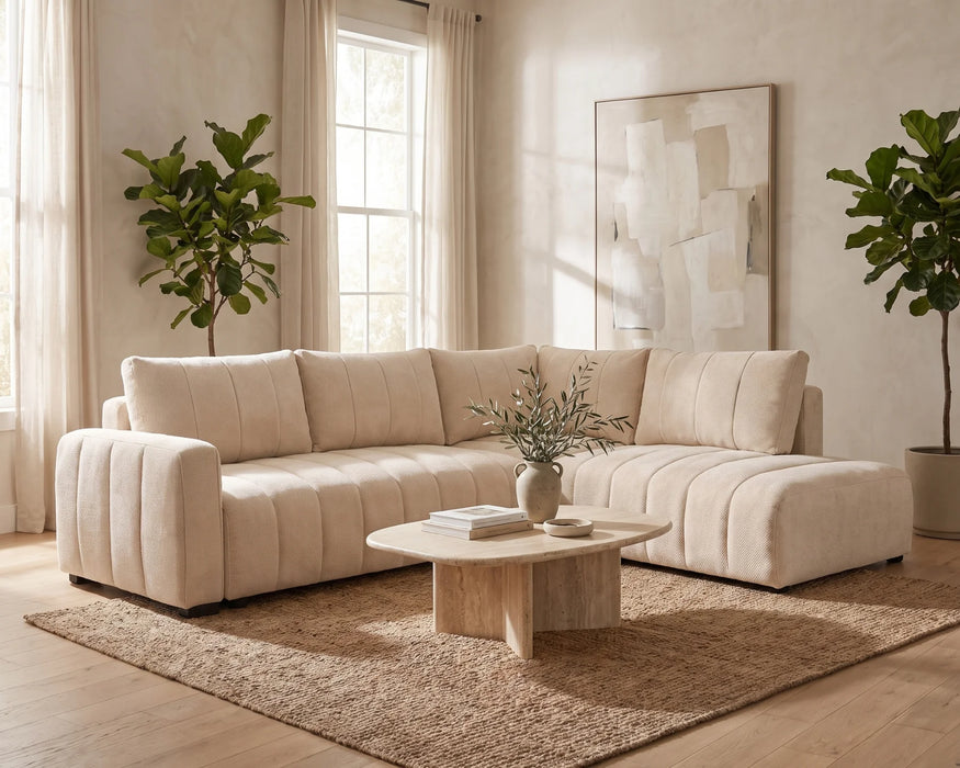 Divan lit sectionnel DARIO en tissu beige, dans un salon contemporain