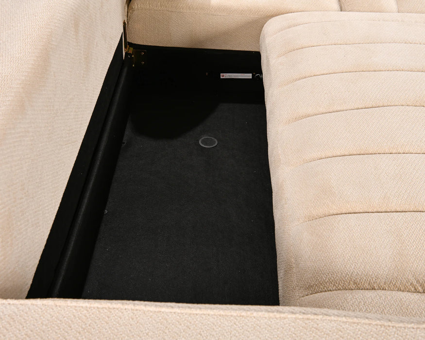 Zoom sur le coffre de rangement intégré du sectionnel DARIO beige