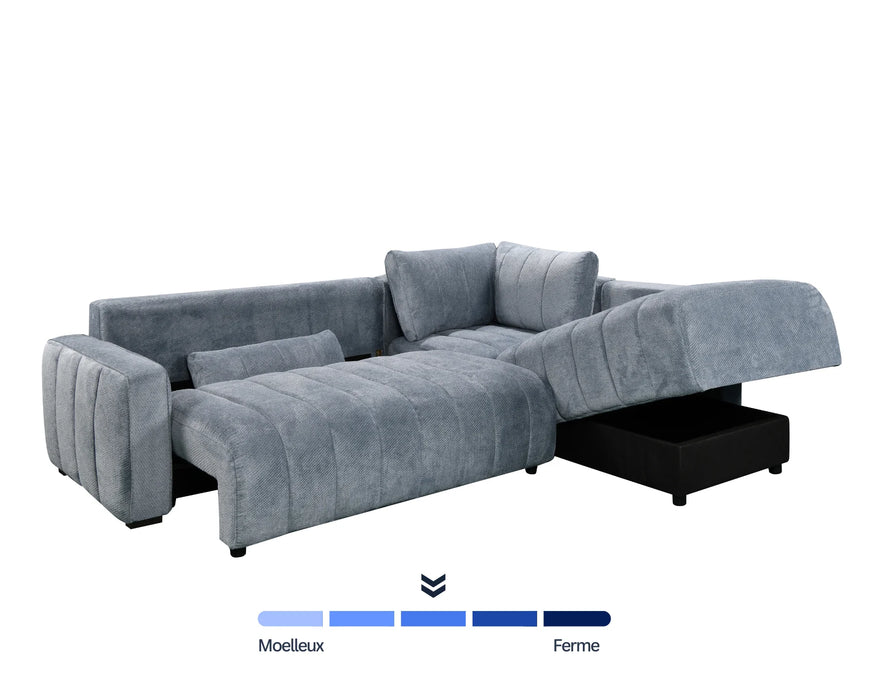 Sectionnel DARIO avec rangement sous méridienne ouvert, bleu ardoise