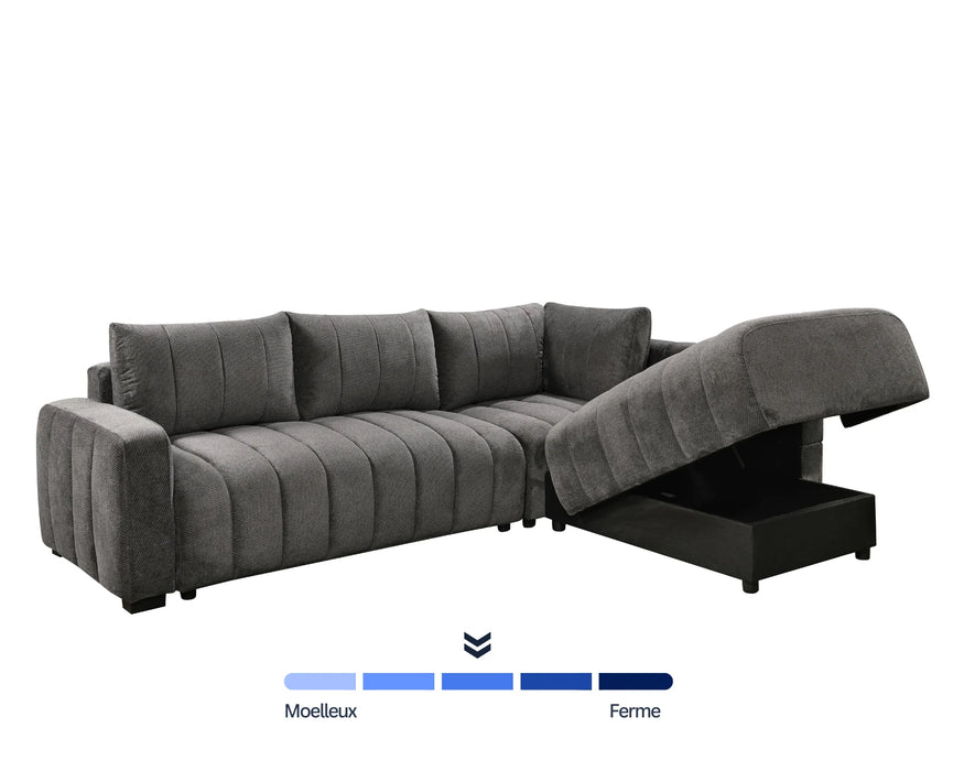 Sectionnel DARIO avec rangement sous méridienne ouvert, gris foncé