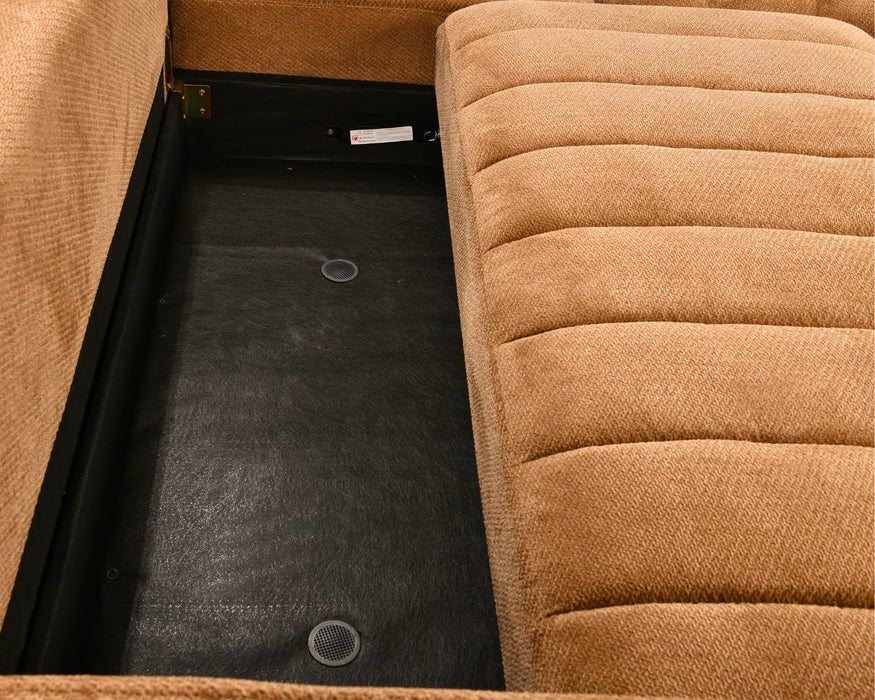 Zoom sur le coffre de rangement intégré du sectionnel DARIO orange