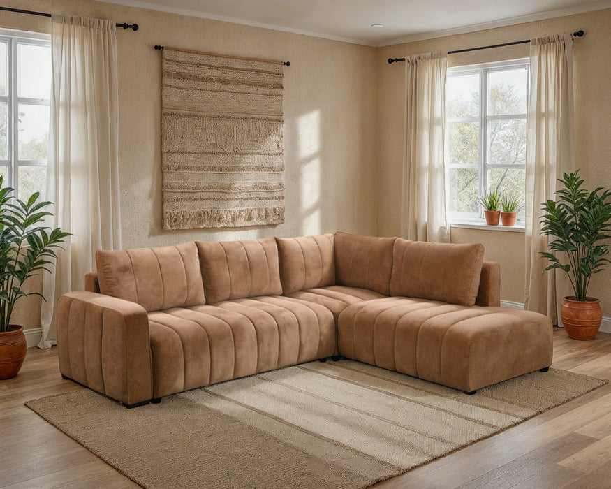 Divan lit sectionnel DARIO en tissu taupe, dans un salon contemporain