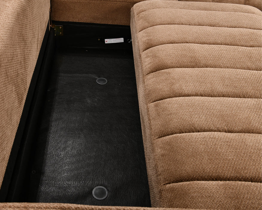 Zoom sur le coffre de rangement intégré du sectionnel DARIO taupe
