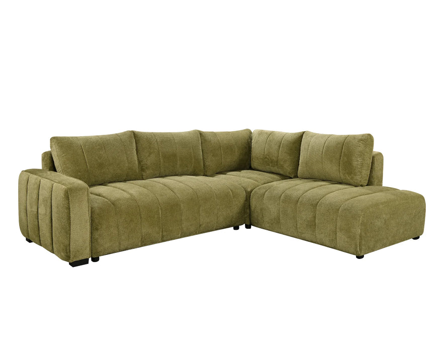 Divan lit sectionnel DARIO en tissu vert olive, vue en angle