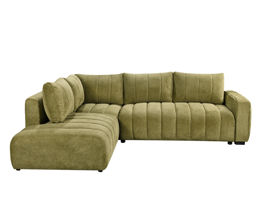 Divan lit sectionnel DARIO en tissu vert olive, vue de face côté gauche