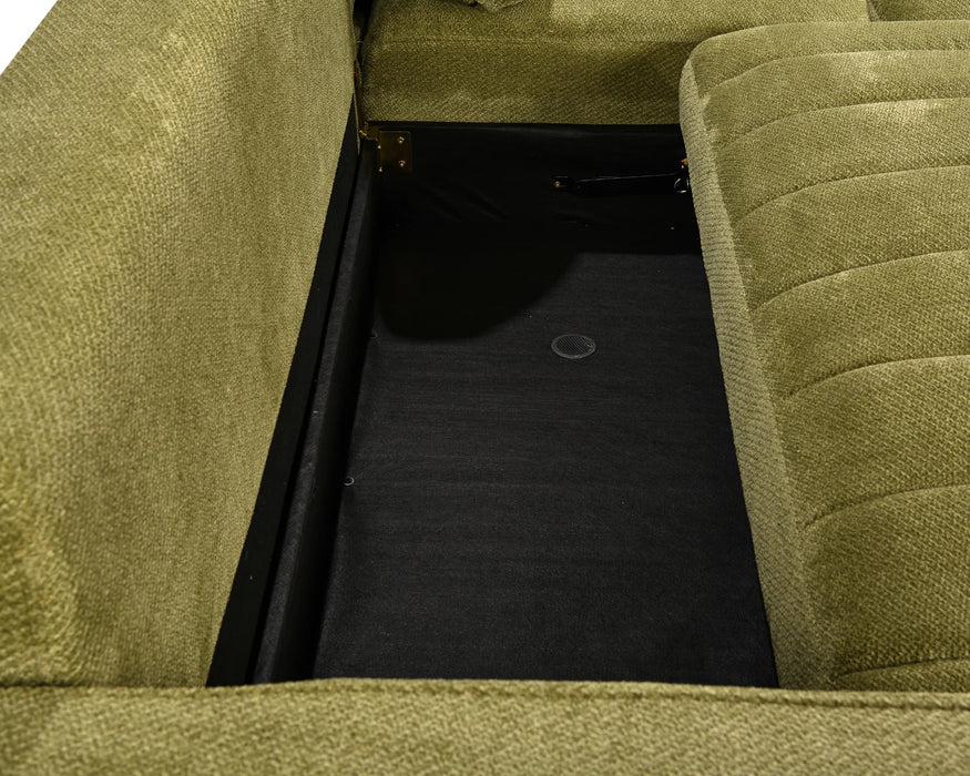 Zoom sur le coffre de rangement intégré du sectionnel DARIO vert olive
