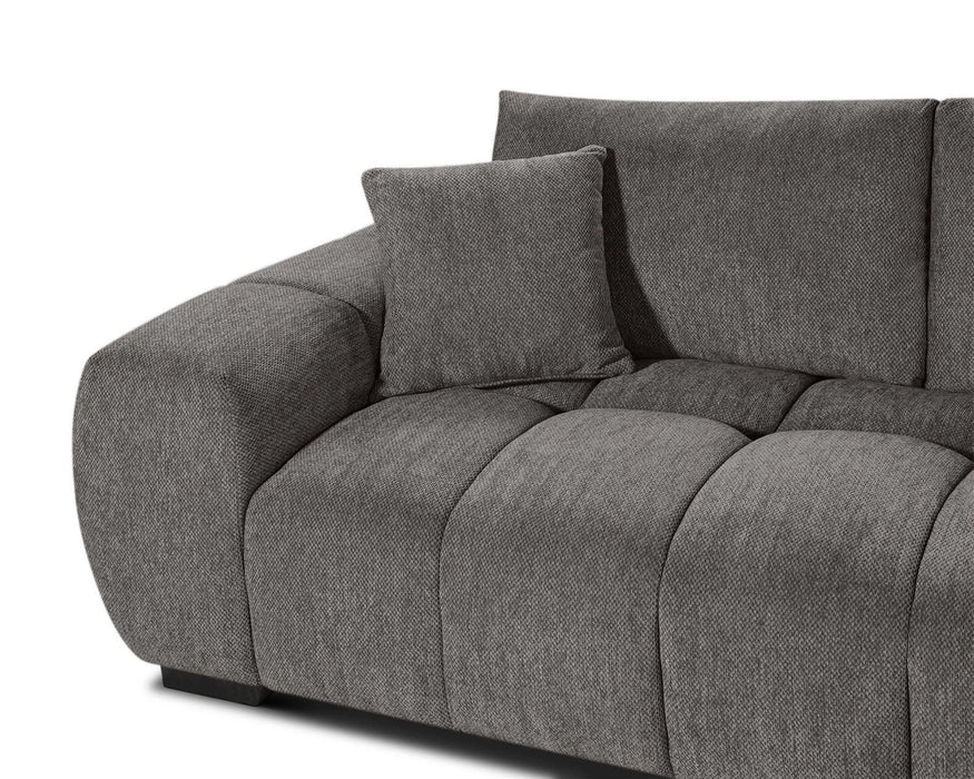 Gros plan sur le tissu polyester texturé gris foncé du divan Olivia