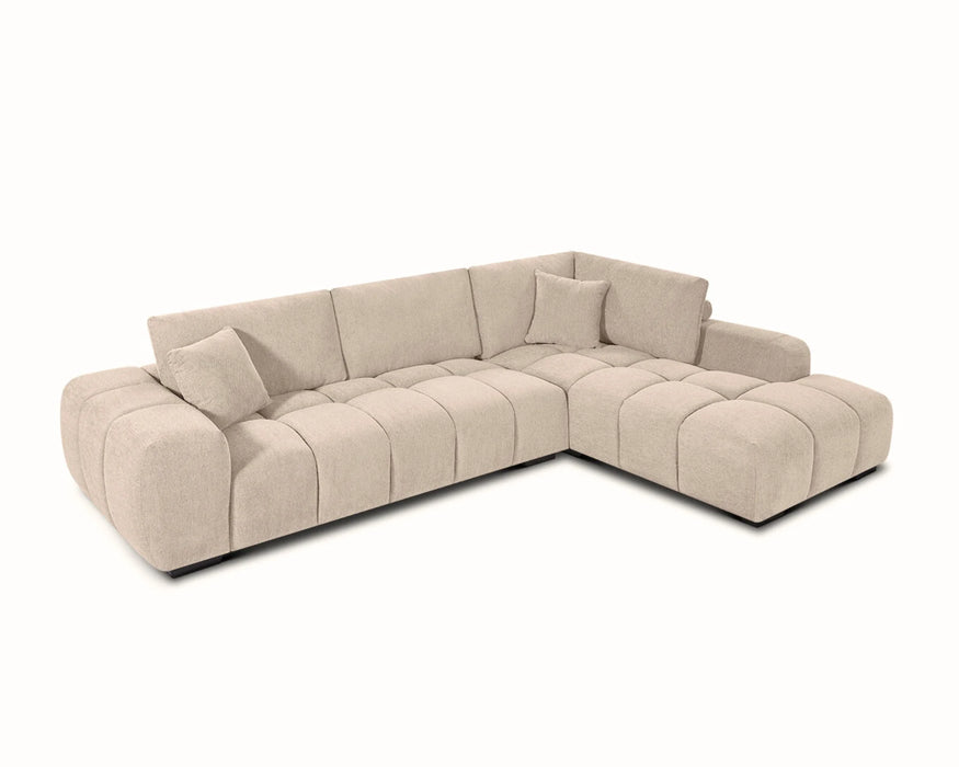 Vue de haut en angle du divan sectionnel Olivia en tissu beige sable