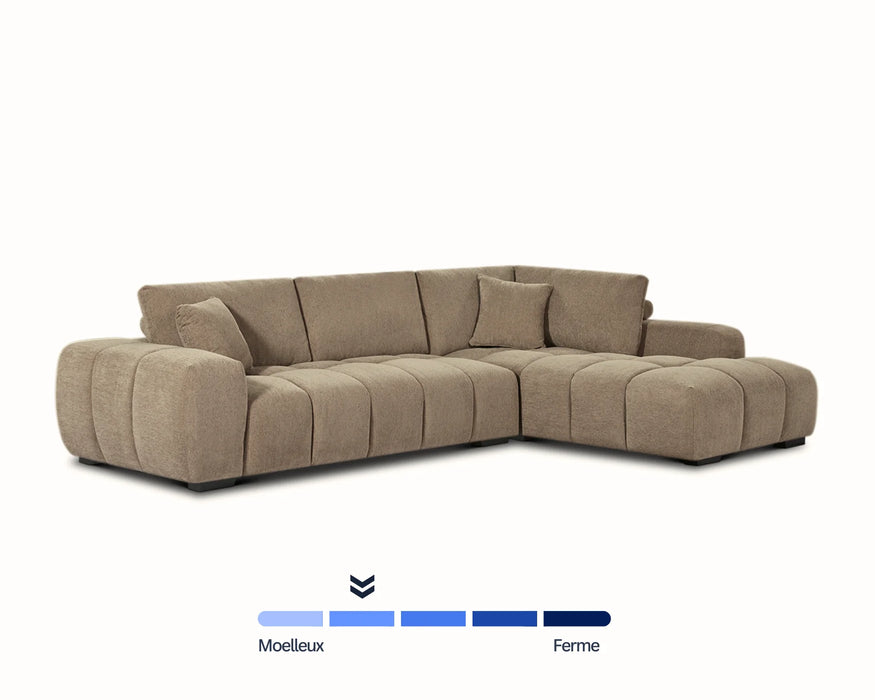 Divan sectionnel Olivia taupe, vue d'angle complète