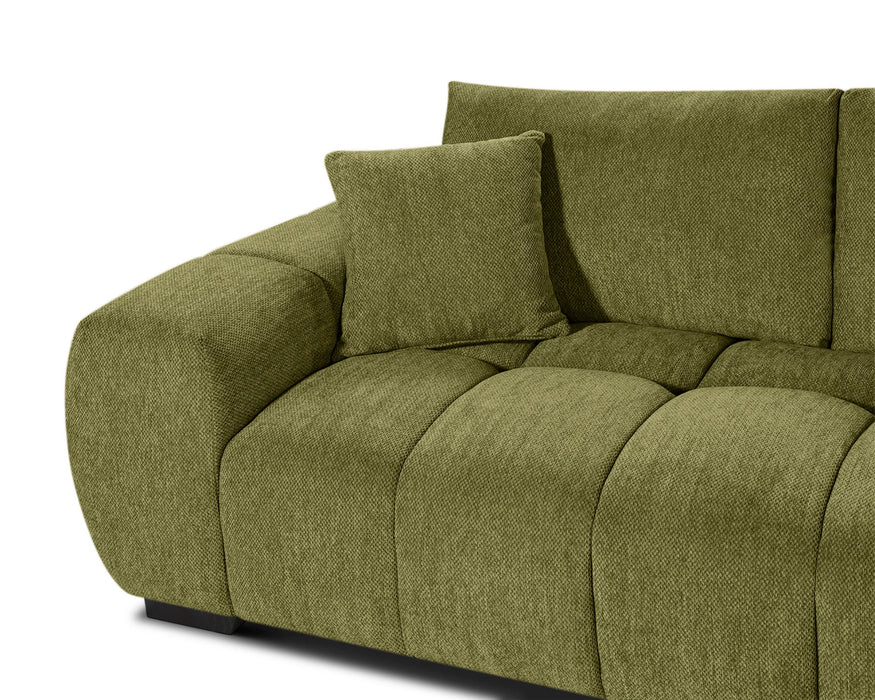 Gros plan sur le tissu polyester texturé vert forêt du divan Olivia
