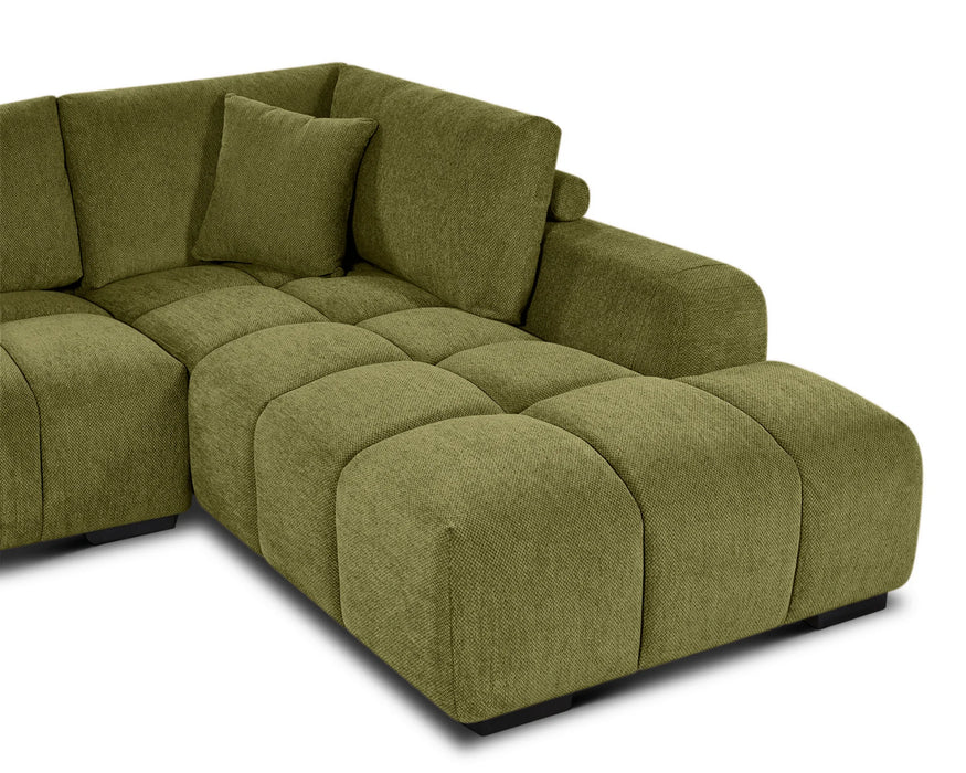 Gros plan sur la chaise droite polyester texturé vert forêt du divan Olivia