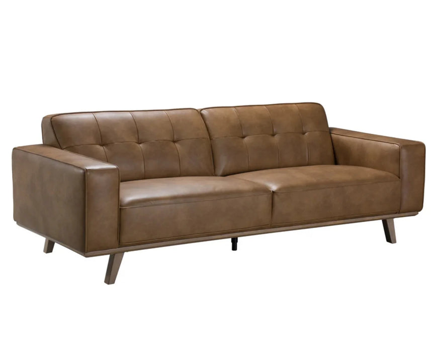 Divan DURANT mid-century en polyuréthane premium cognac, vue d'angle