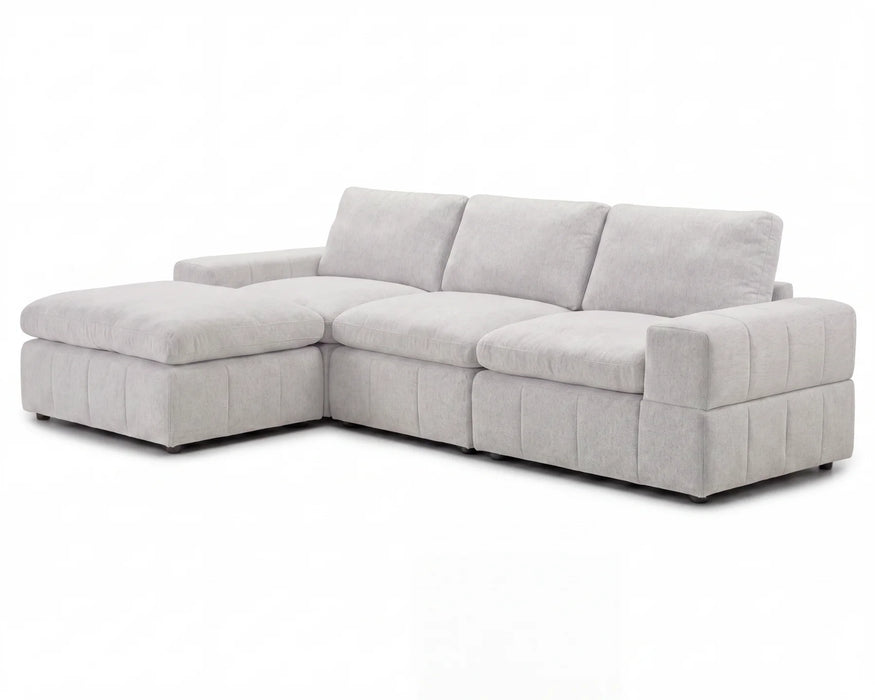 Sectionnel modulaire ENZO greige clair avec ottoman à gauche, vue en angle