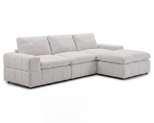 Sectionnel modulaire ENZO 3 places en tissu greige clair avec ottoman, vue en angle