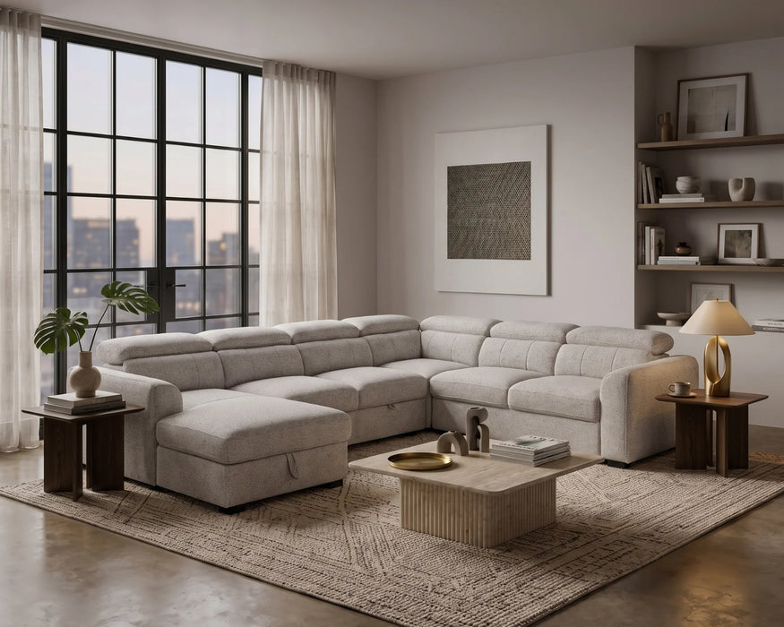 Sofa-lit sectionnel FELIX en tissu gris pâle dans une chambre contemporaine