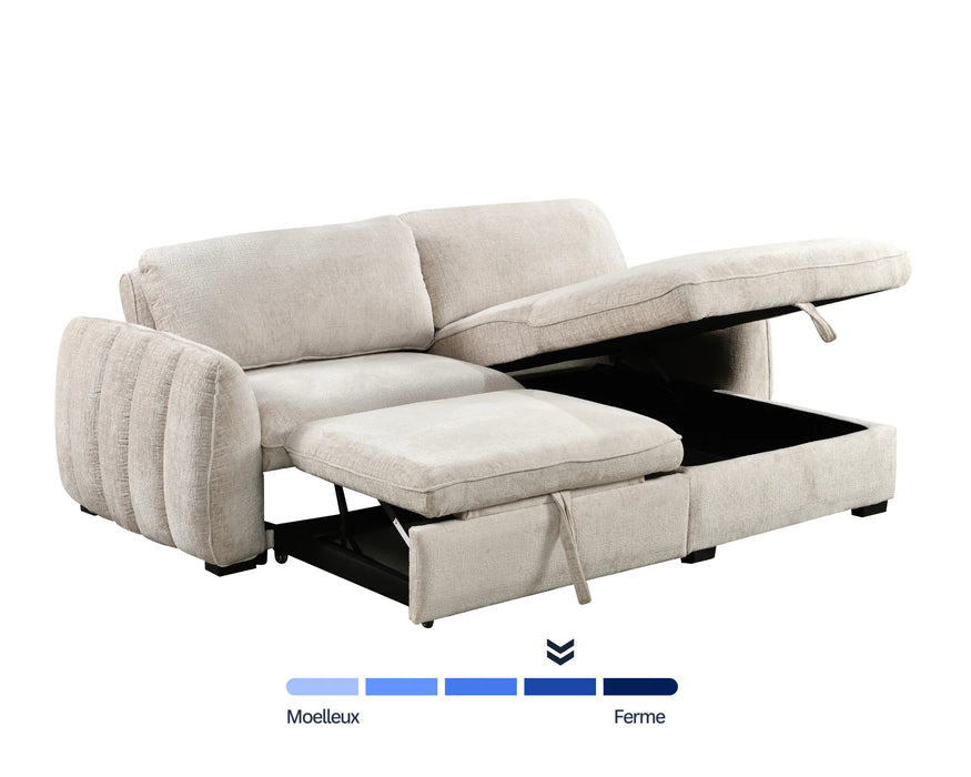 Sofa-lit sectionnel LÉANDRE beige crème - lit escamotable ouvert