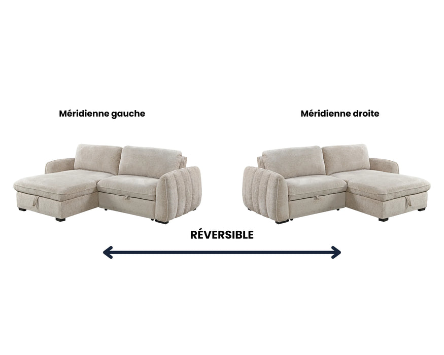 Sofa-lit sectionnel LÉANDRE beige crème - configuration réversible gauche et droite
