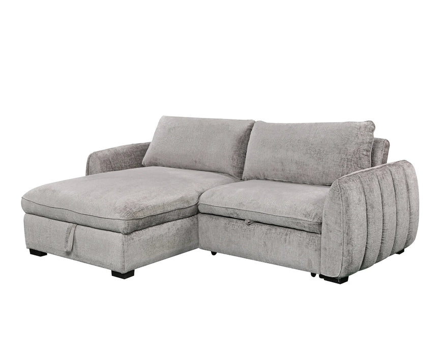 Sofa-lit sectionnel LÉANDRE en tissu polyester gris, vue en angle