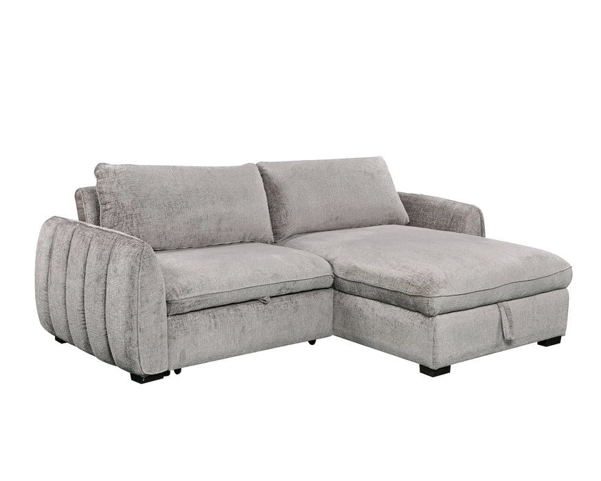 Sofa-lit sectionnel LÉANDRE en tissu polyester gris, vue en angle