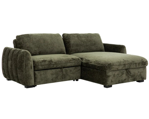 Sofa-lit sectionnel LÉANDRE en tissu polyester vert forêt, vue en angle