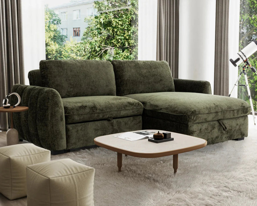 Sofa-lit sectionnel LÉANDRE vert forêt dans un salon contemporain
