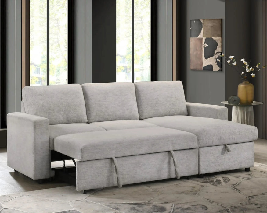 Sofa-lit sectionnel LEO beige avec lit ouvert, vue en angle