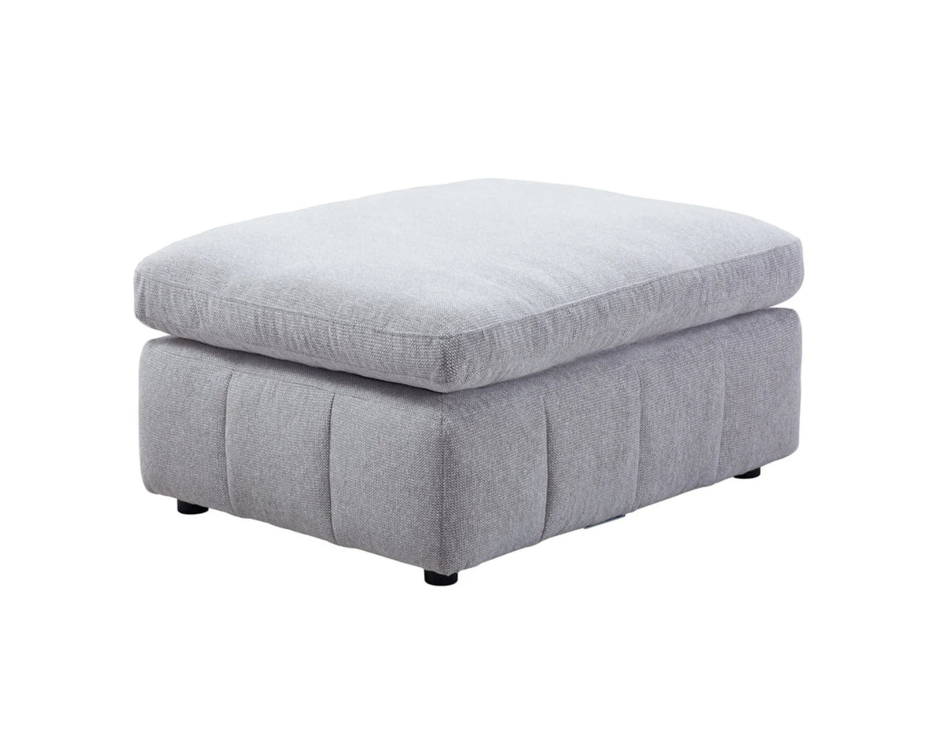 Pouf ottoman ENZO gris clair vue en angle, tissu capitonné vertical, pieds noirs