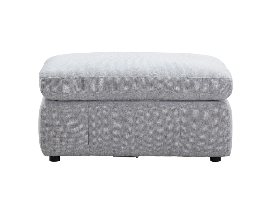Pouf ottoman ENZO gris clair vue de face, coussin rembourré épais et base structurée