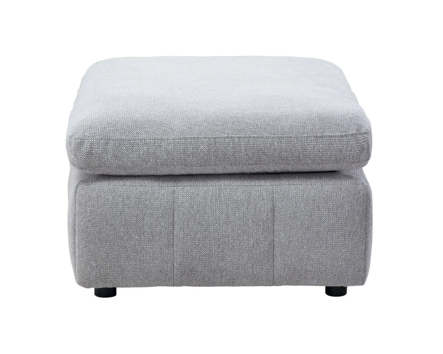 Pouf ottoman ENZO gris clair vue de profil, tissu texturé et pieds noirs bas