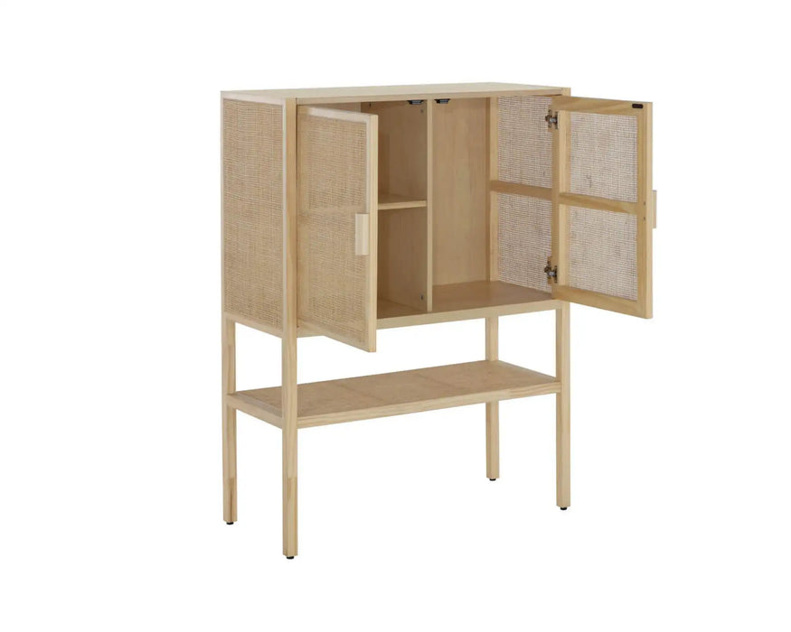 KEZIA - Buffet haut en bois massif et rotin