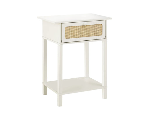 Table de chevet TINA 1 tiroir en rotin blanc, vue en angle