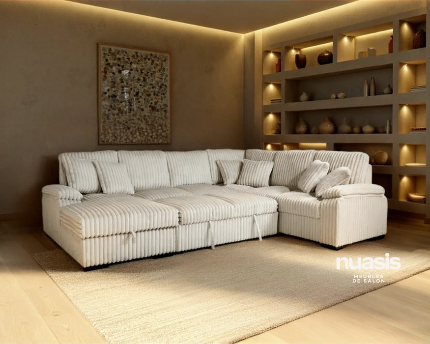 Sectionnel WALLY avec fonction lit ouverte, beige dans un salon contemporain